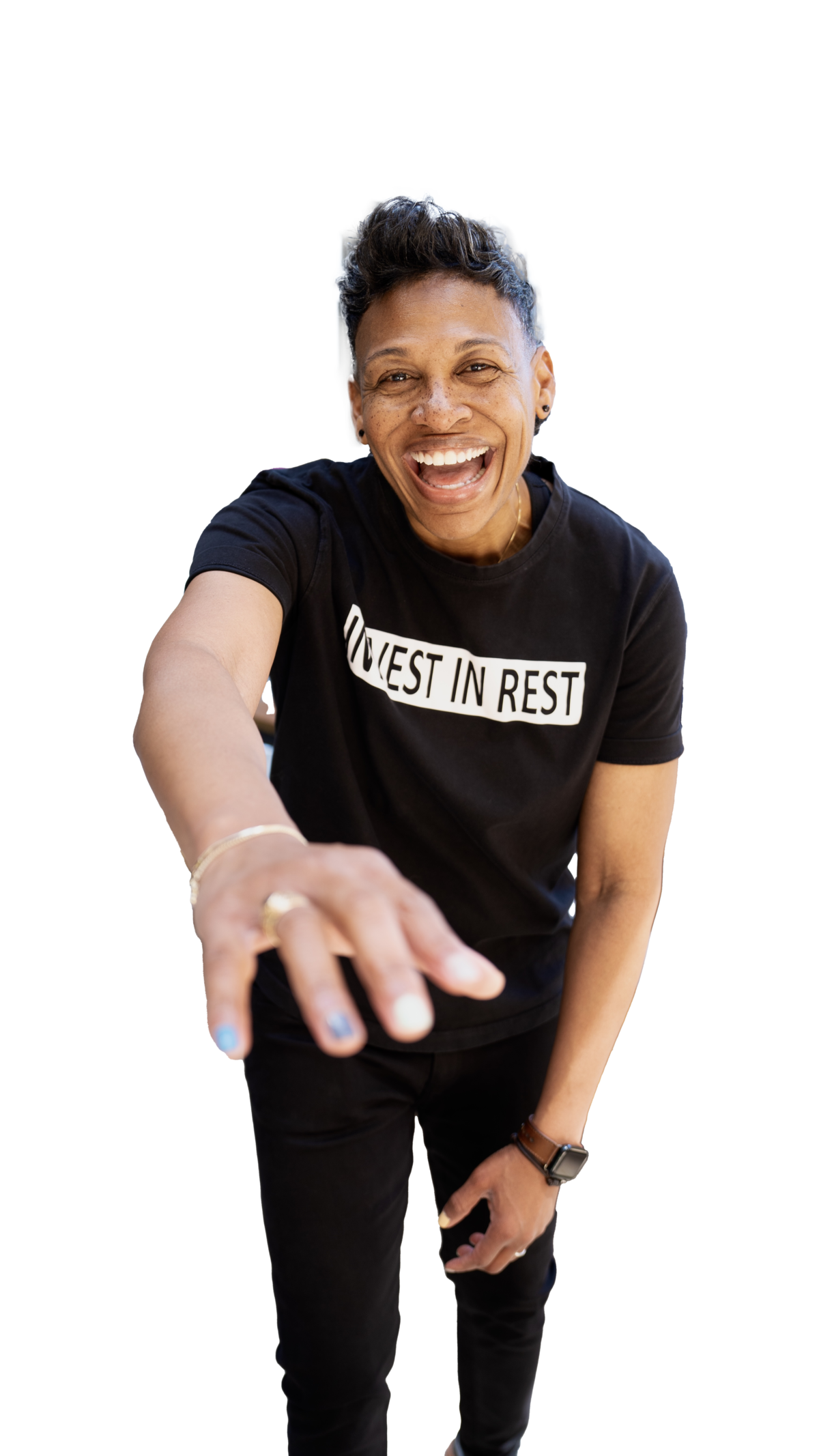Khaliah O. Guillory smiling and reaching toward the camera, wearing an Invest in Rest t-shirt