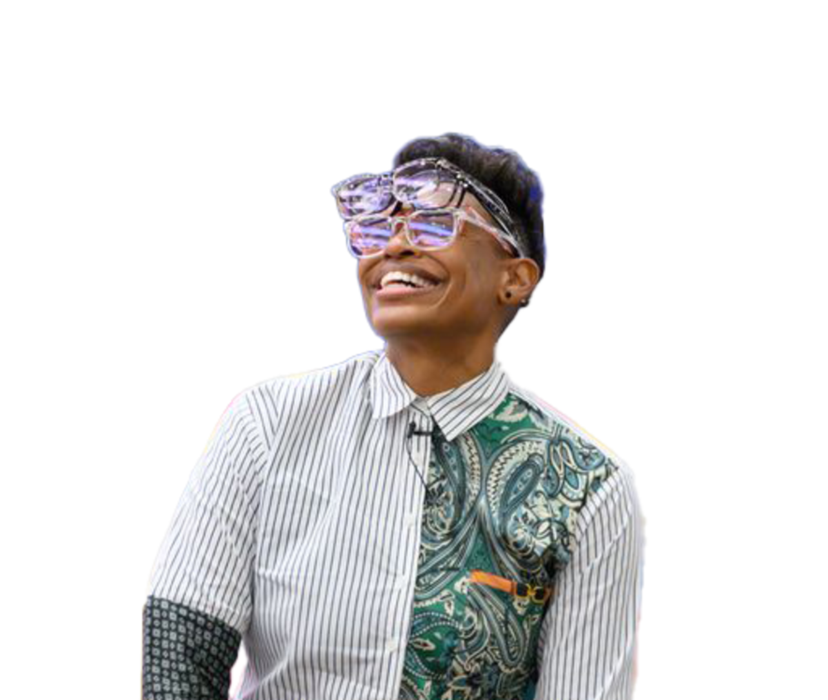 Khaliah Guillory laughing, wearing three stacked pairs of glasses