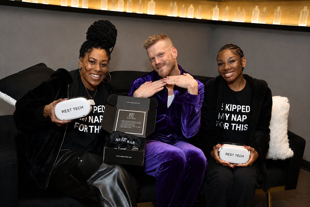 Pentatonix's Scott Hoying with Rest Tech VR headsets backstage at the Grammys
